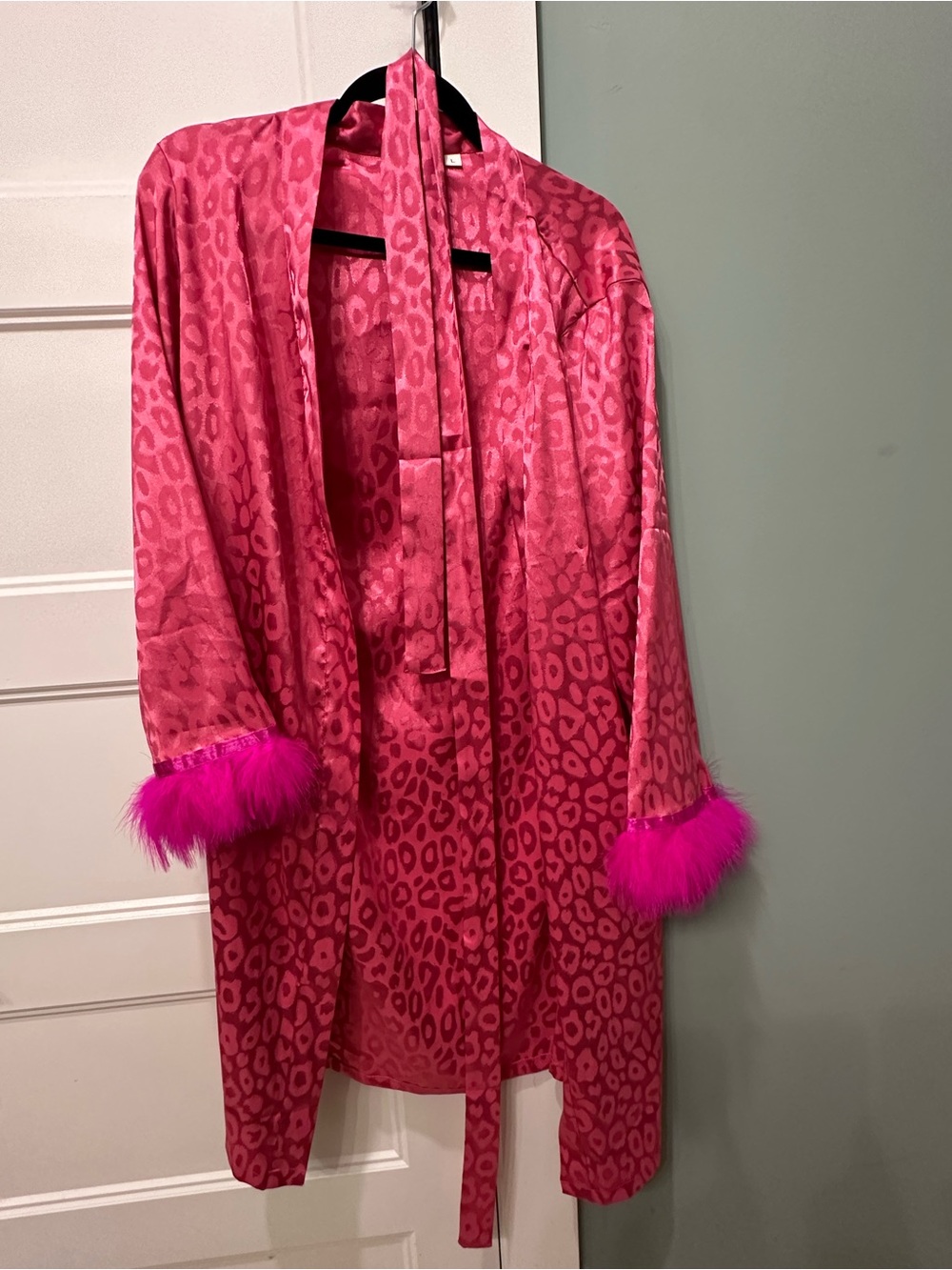 Pink Leopard Satin Robe with Feather Cuffs